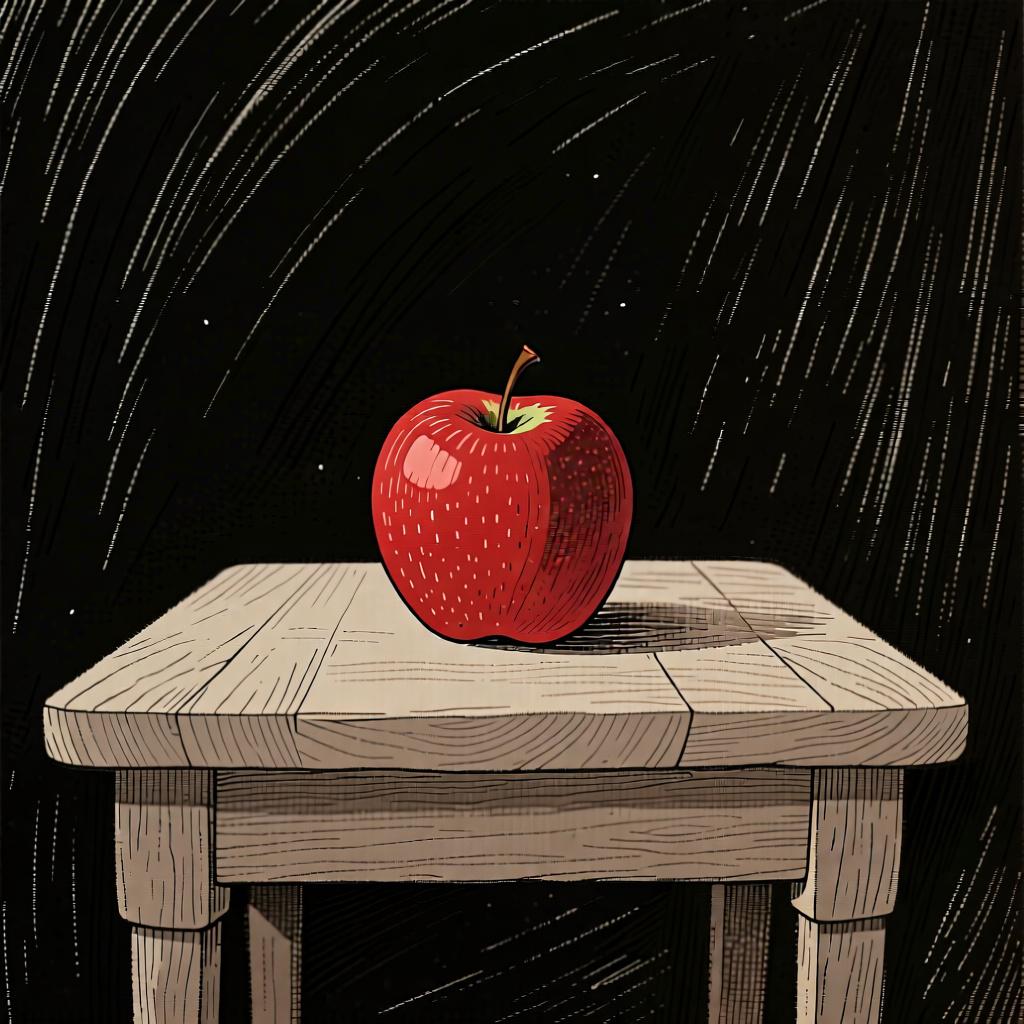 A single, ripe red apple sitting on a simple wooden table, representing the existence of an object.
