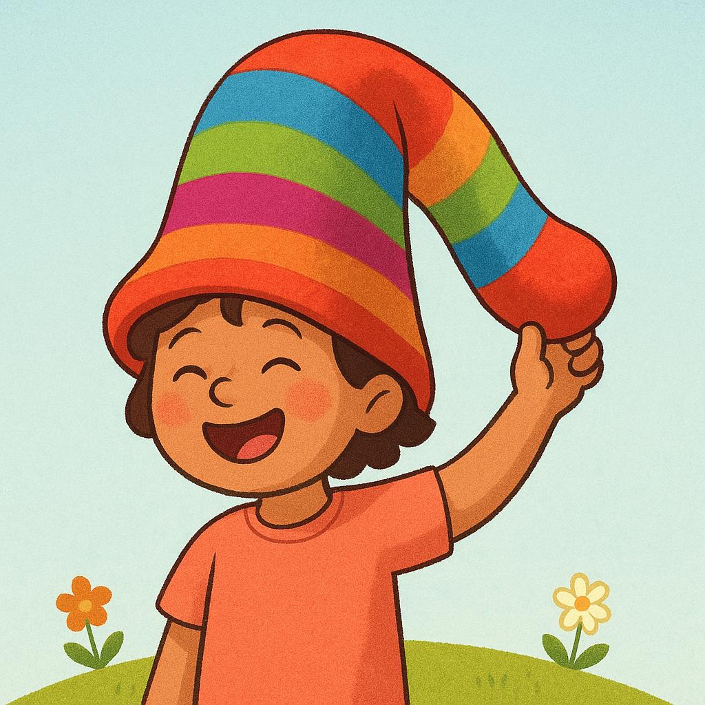 A child giggling while wearing a brightly colored, oversized sock on their head like a hat, illustrating lighthearted silliness.