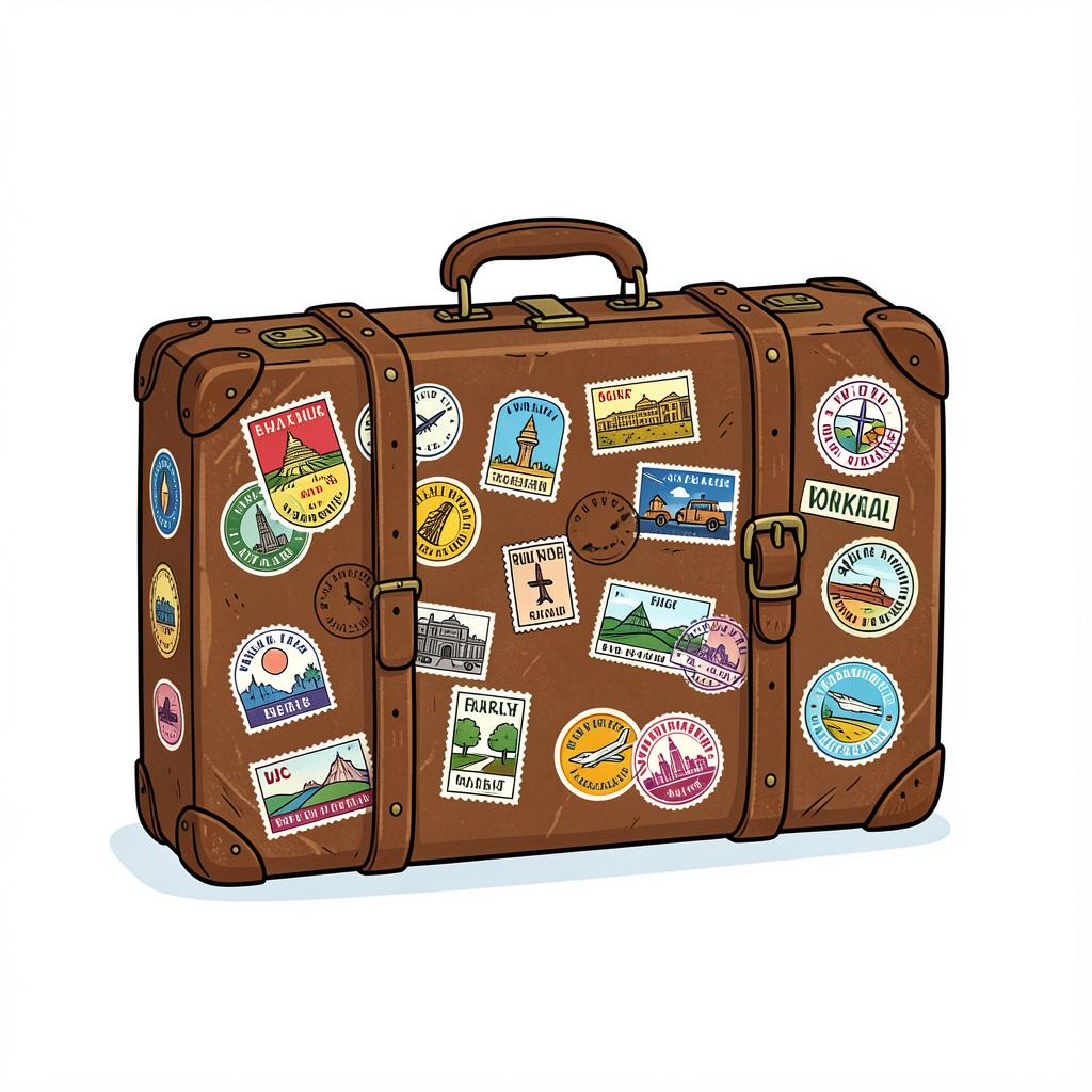 A suitcase covered in many colorful postage stamps and travel stickers from different countries.