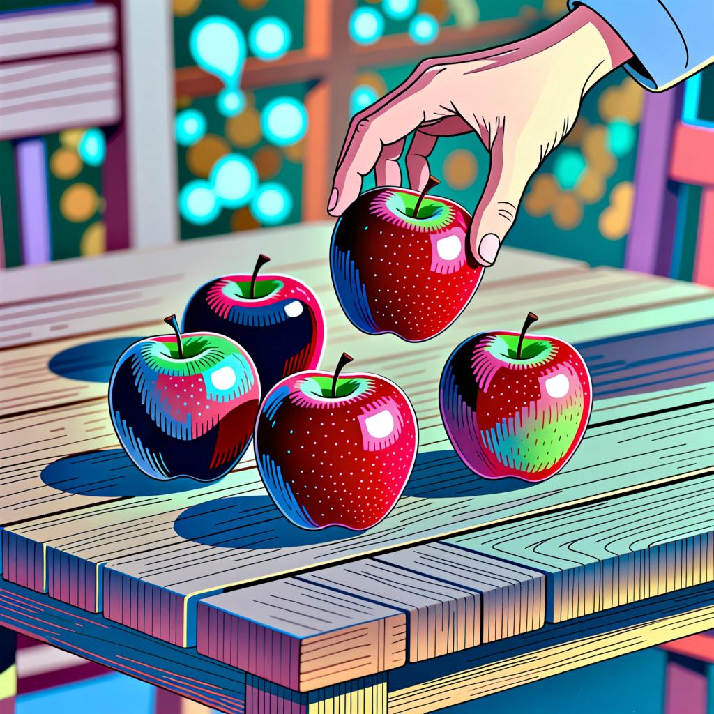 A hand selecting one red apple from a small pile of five identical red apples, illustrating the concept of 'some' or 'one of many'.
