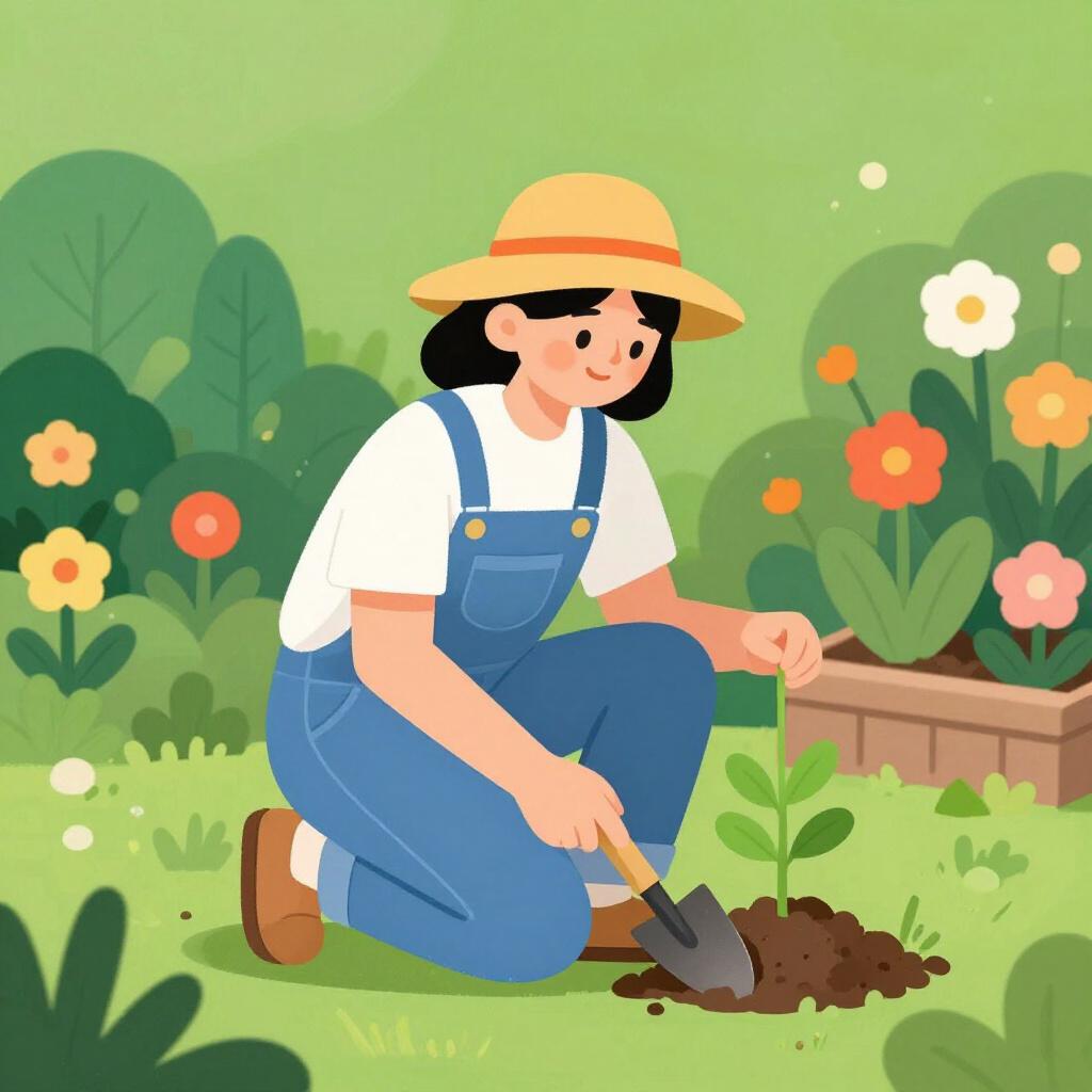 A person wearing a sun hat and overalls kneeling in a garden, planting a small green sprout into the soil.