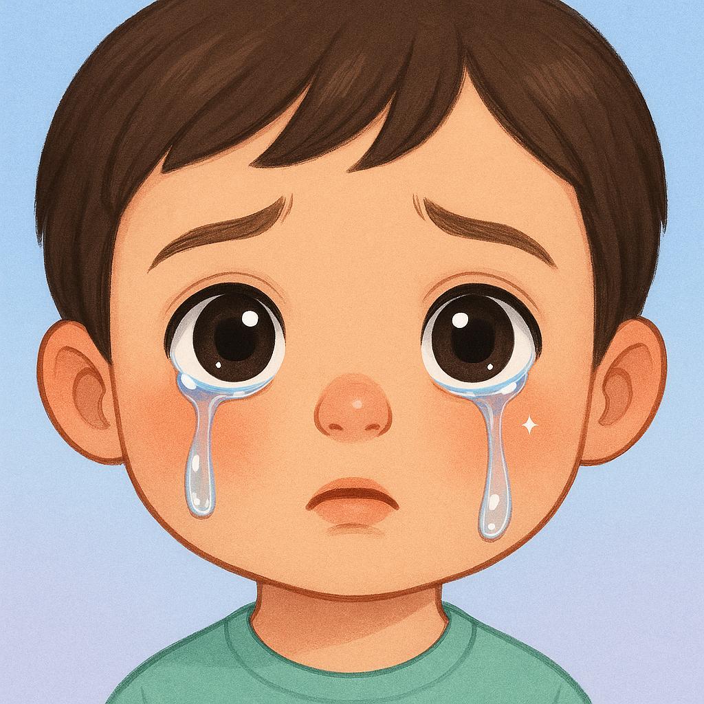 A close-up illustration of a young child's face with visible tears streaming down their cheeks, depicting sadness.