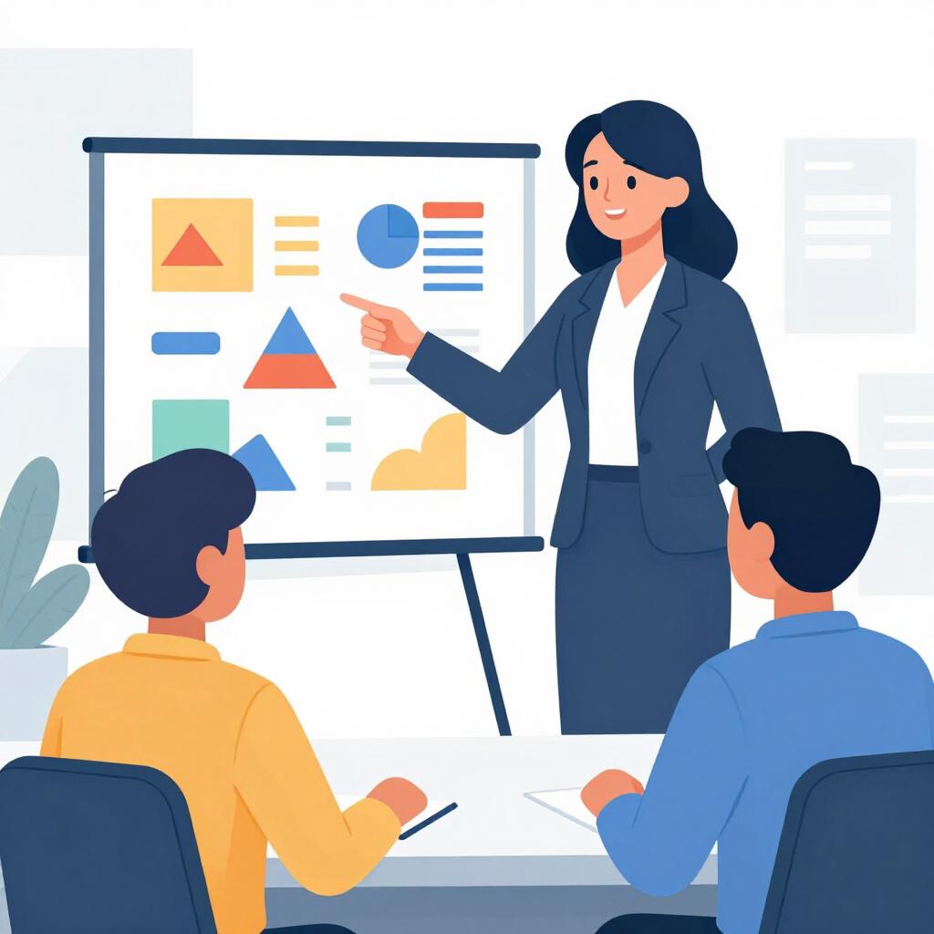 A friendly team leader pointing at a colorful chart while three team members listen attentively in a bright office.