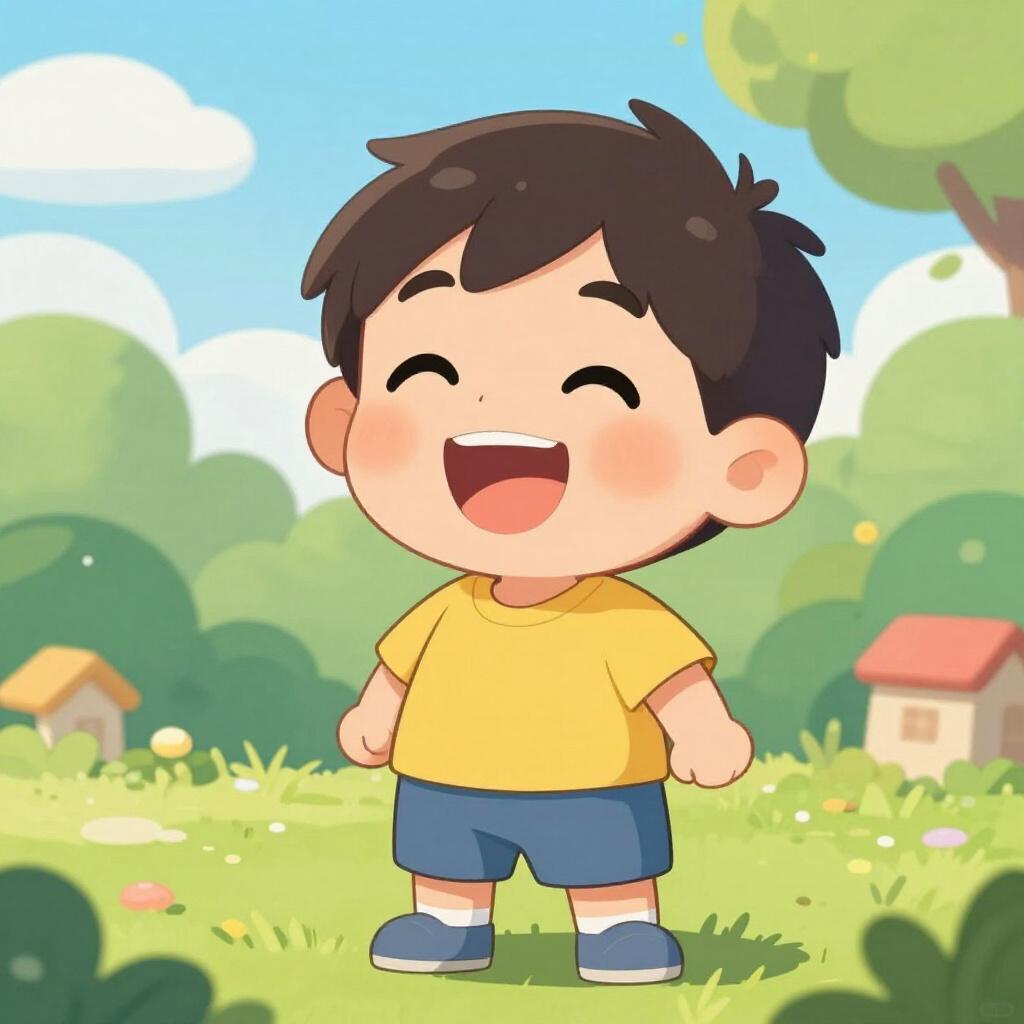 A child with a wide, joyful smile and glowing cheeks, standing in a garden.