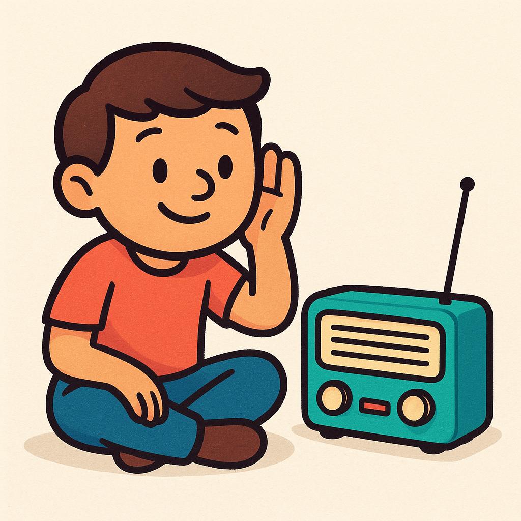 A brightly colored illustration showing a small, simplified character sitting intently next to a vintage, red portable radio. The character has a hand cupped to their ear, demonstrating focused attention on the sound source.