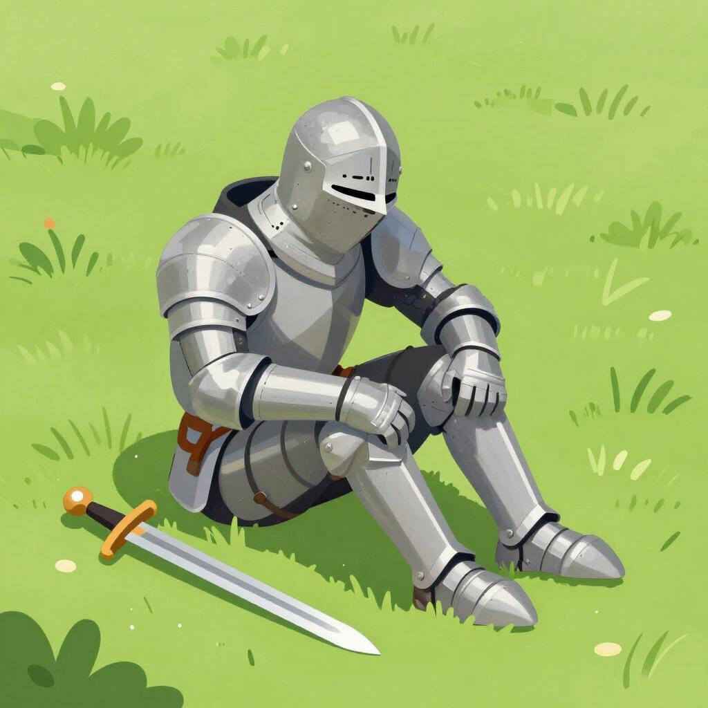 A sad knight sitting on the ground with a broken wooden sword next to him.