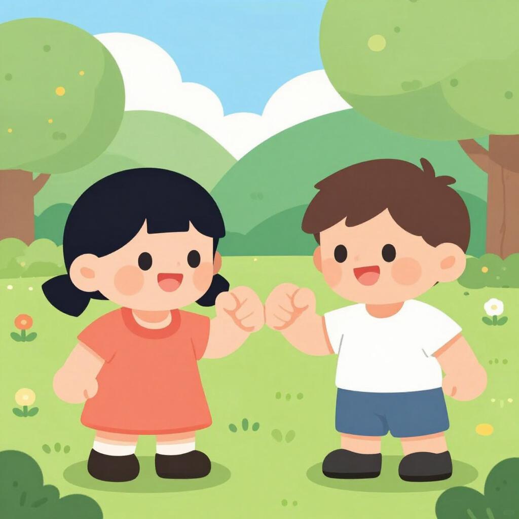 Zwei freundliche junge Männer begrüßen sich mit einem fröhlichen Fauststoß in einem hellen, bunten Park.