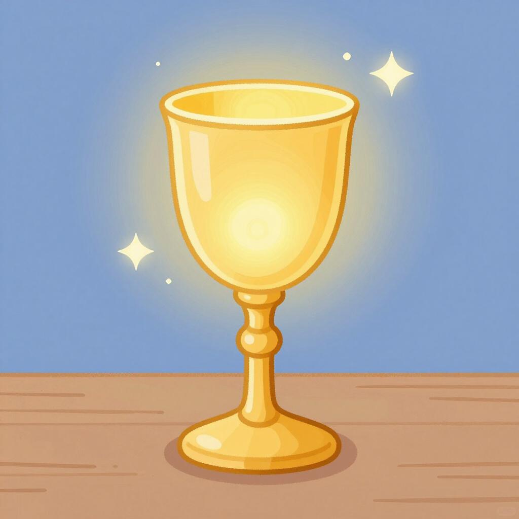 A golden cup glowing with soft light on a simple wooden table.