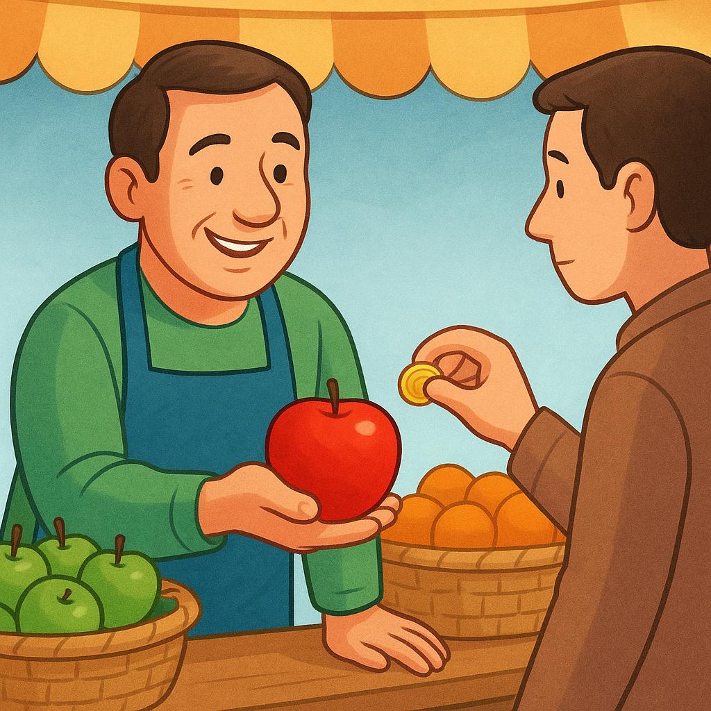 A simple illustration of a market vendor handing a bright red apple to a customer who is holding a gold coin, symbolizing a finished sale.