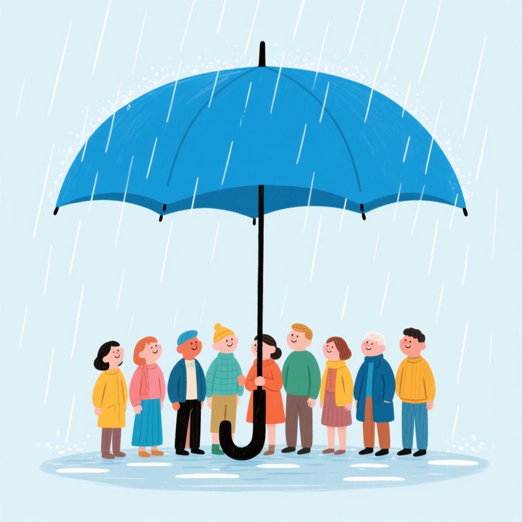 A large, simple blue umbrella providing shelter to a diverse group of small people standing beneath it on a rainy street.