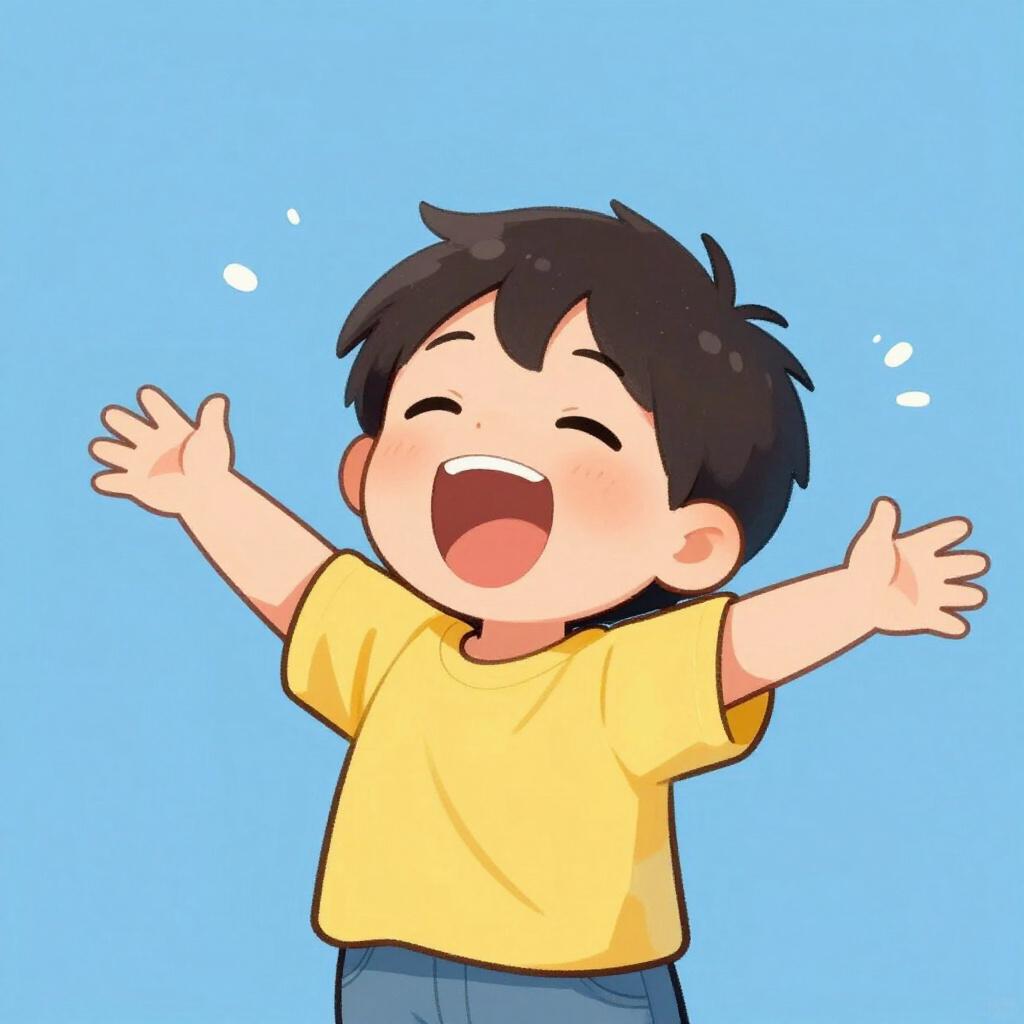 Uma criança cantando de olhos fechados e braços abertos, demonstrando grande paixão e energia.