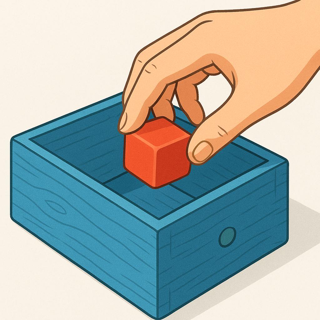 A cartoon hand gently placing a red block inside a blue wooden box.