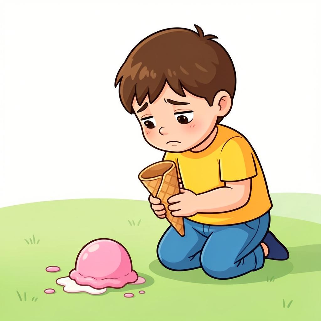 A small child looking sadly at a dropped ice cream cone on the sidewalk.