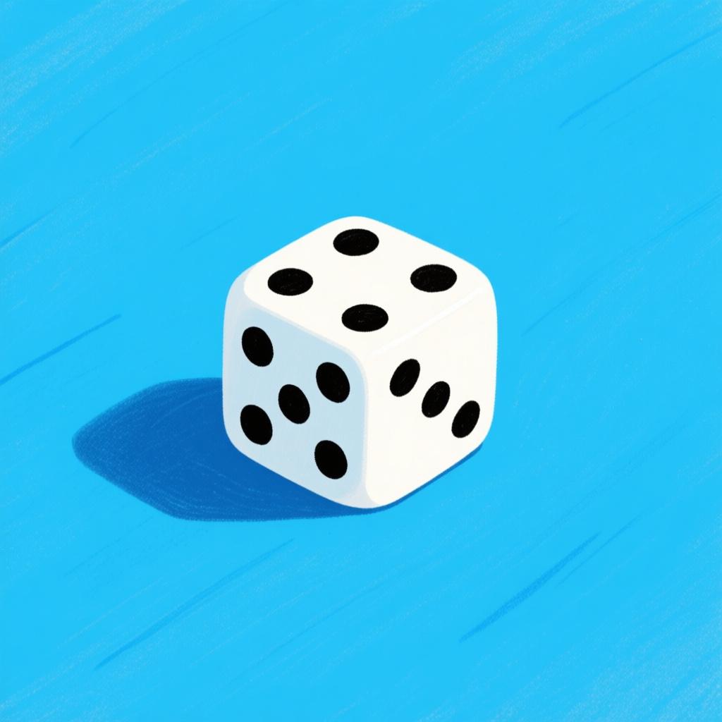 A single, white, six-sided gaming die with black dots showing the number six on the top face, resting on a colorful table.