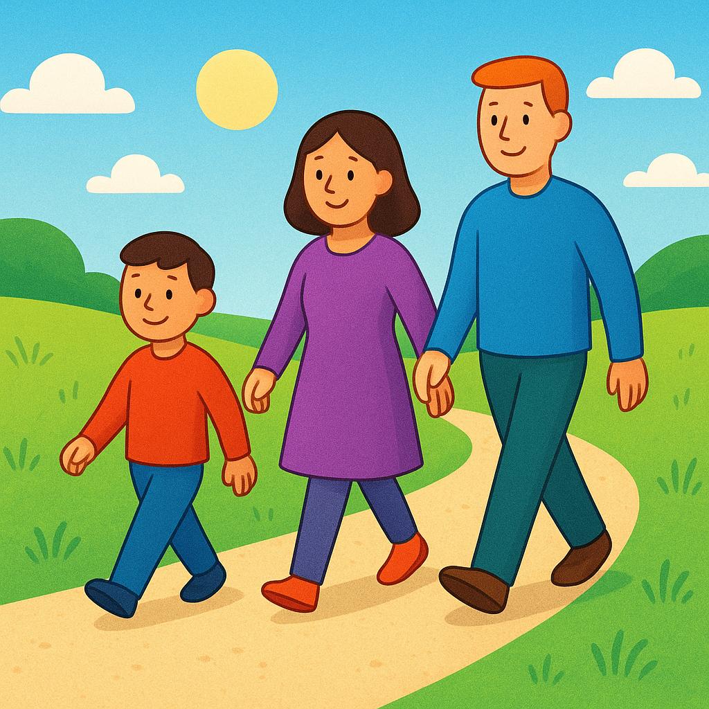 Three stylized, colorful figures walking along a simple path toward the viewer, illustrating movement and future arrival.