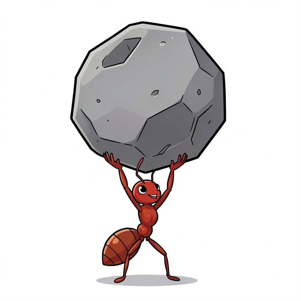 A tiny ant lifting a massive, heavy boulder easily above its head.