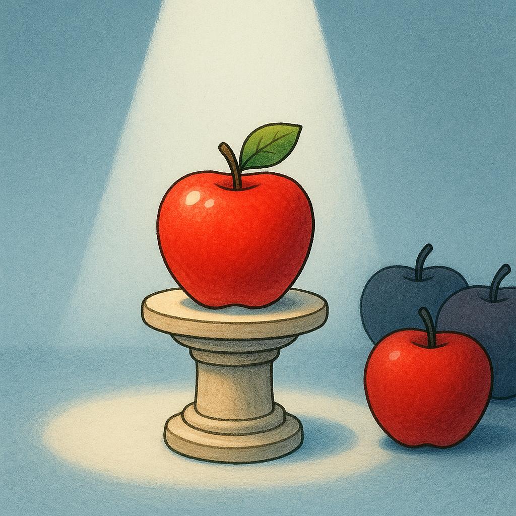 A spotlight shines intensely on one red apple placed on a small pedestal, indicating it has been selected from a group of shadowed apples.