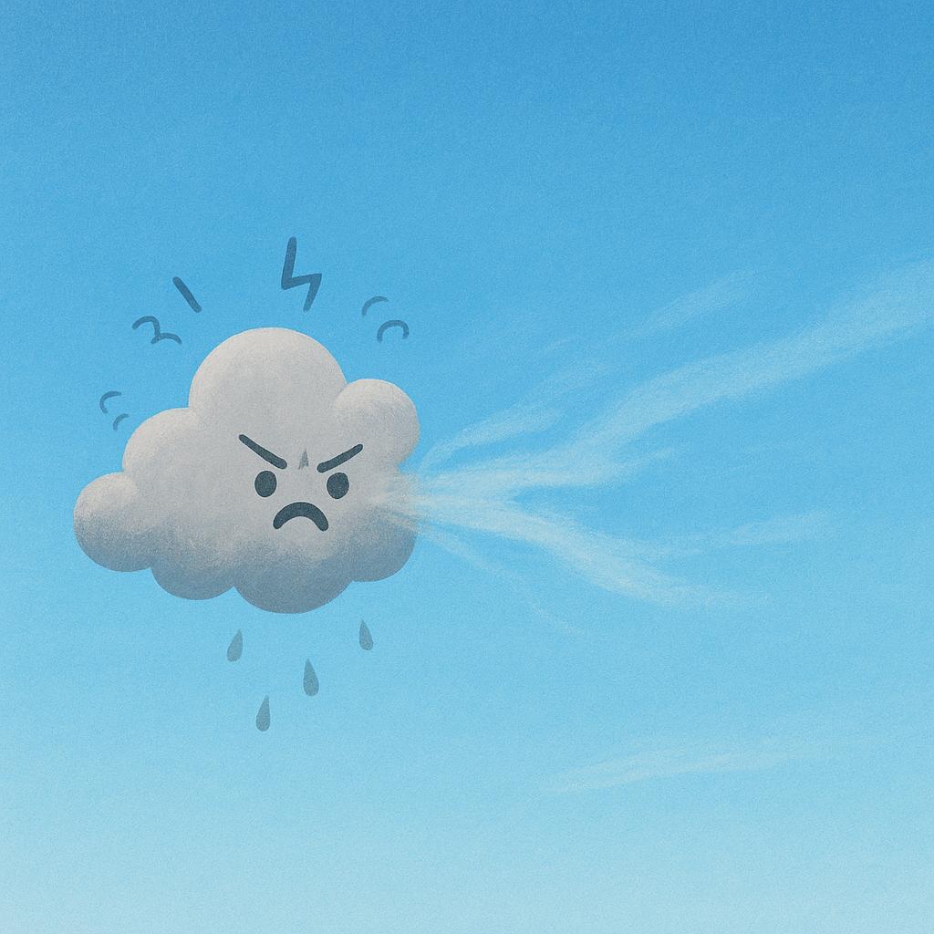 A small, agitated, dark gray storm cloud rapidly dissolving and dissipating into a clear, peaceful blue sky, symbolizing the act of calming down.