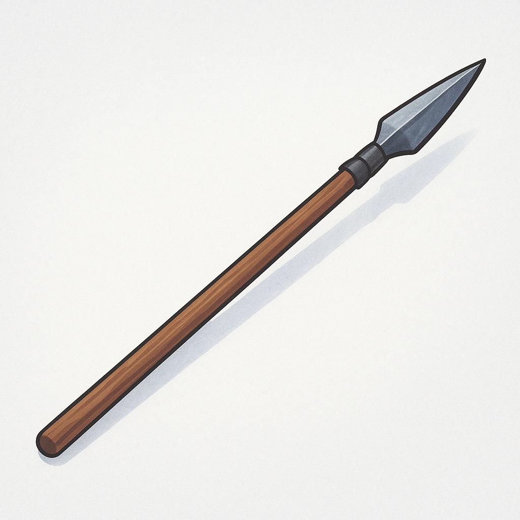A simple drawing of a long, wooden spear with a sharp, gray metallic tip, standing upright.