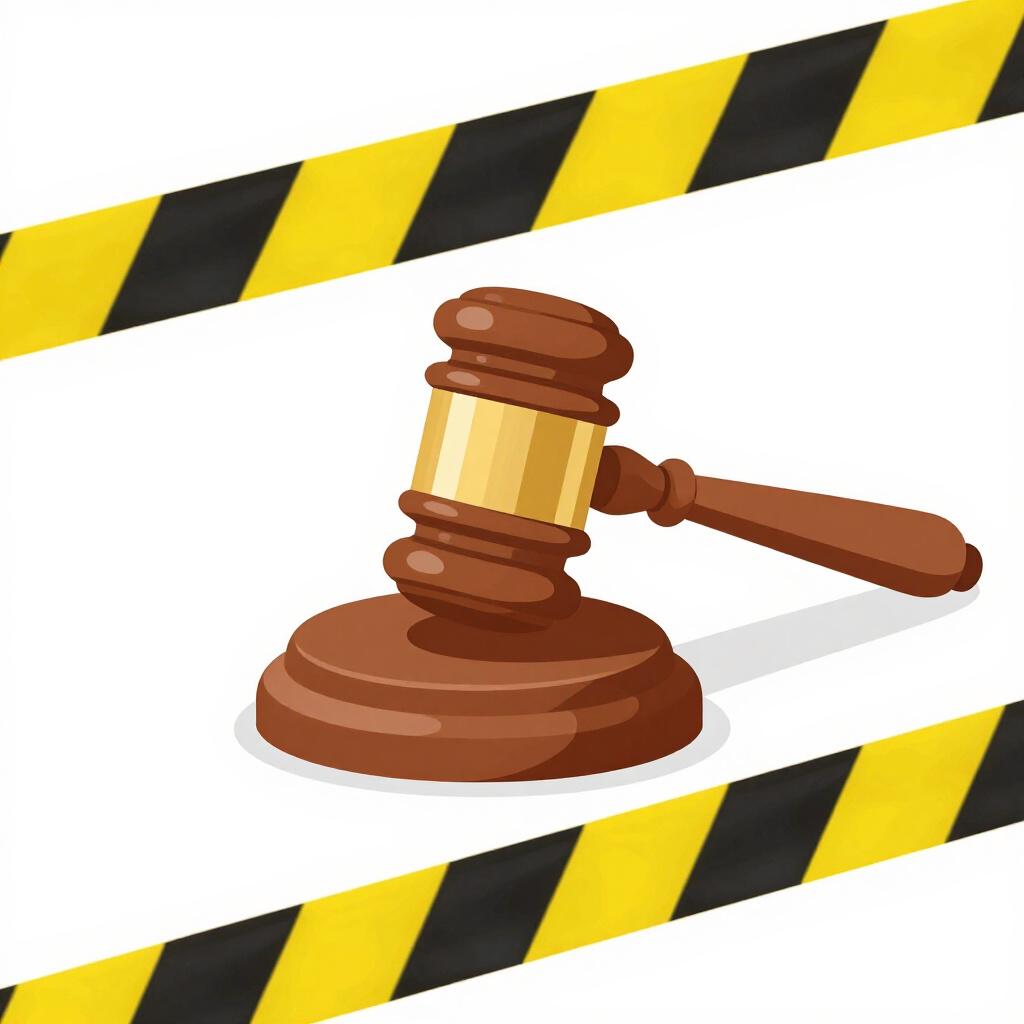 Um martelo de madeira sobre uma mesa atrás de uma fita amarela de isolamento.