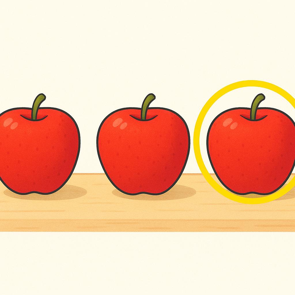 A storybook illustration showing three red apples lined up horizontally on a simple surface. The apple at the third position in the sequence is clearly encircled by a bright yellow line.