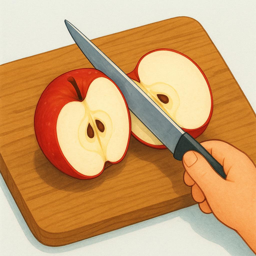 A hand holding a knife cutting a single red apple exactly in half on a wooden cutting board.