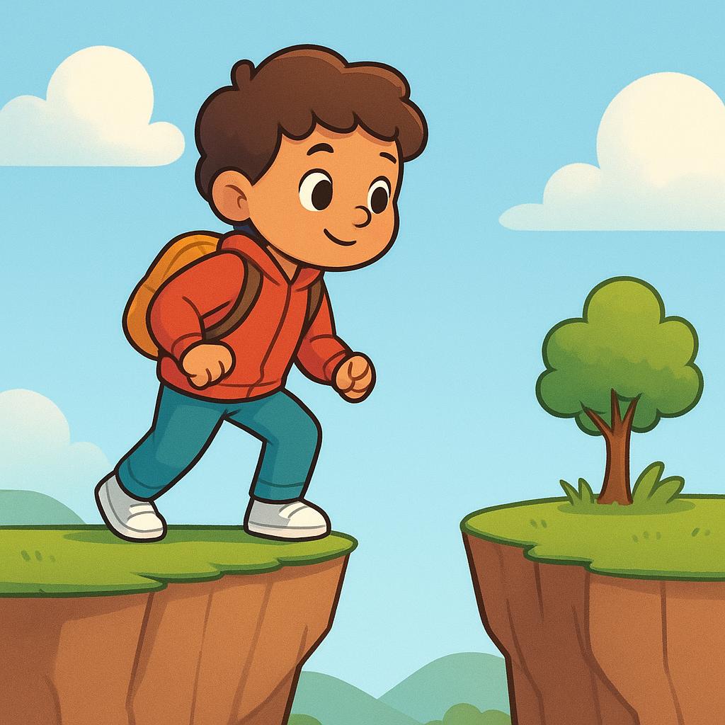 A colorful illustration showing a small, determined child standing at the edge of a narrow, deep canyon, gathering the courage to jump across.