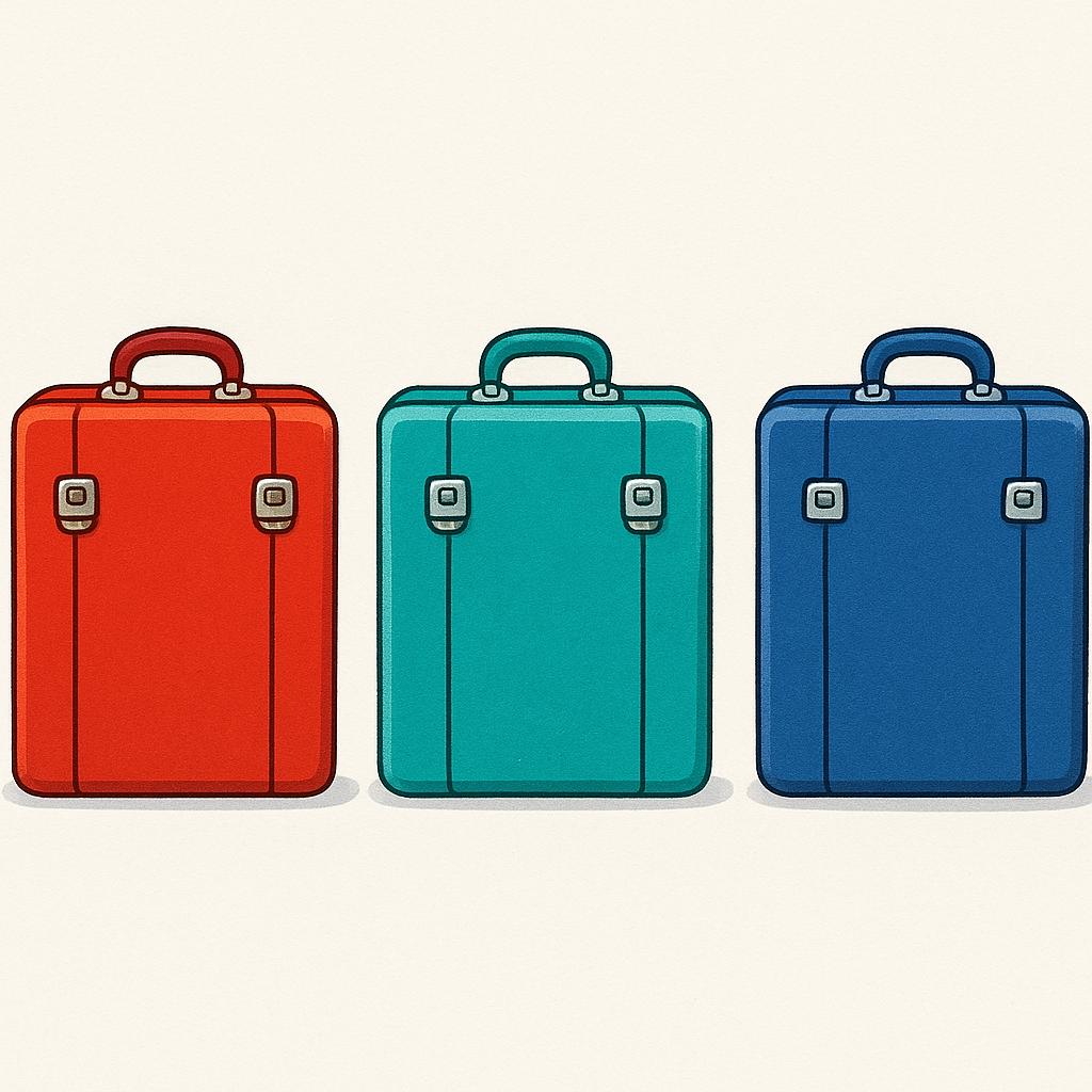 Three brightly colored, simple rectangular suitcases stacked slightly, ready for a journey.