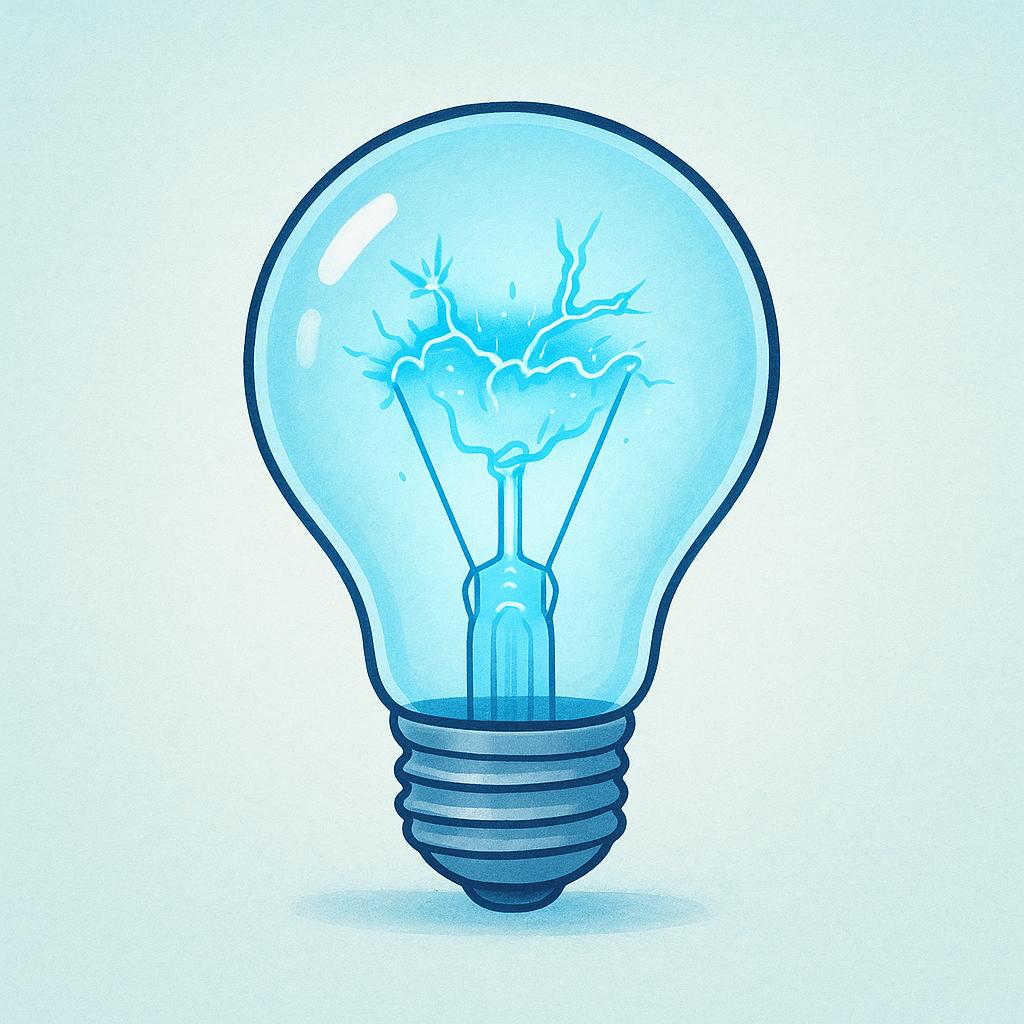 A brightly glowing light bulb with blue electrical energy visibly surrounding the filament.