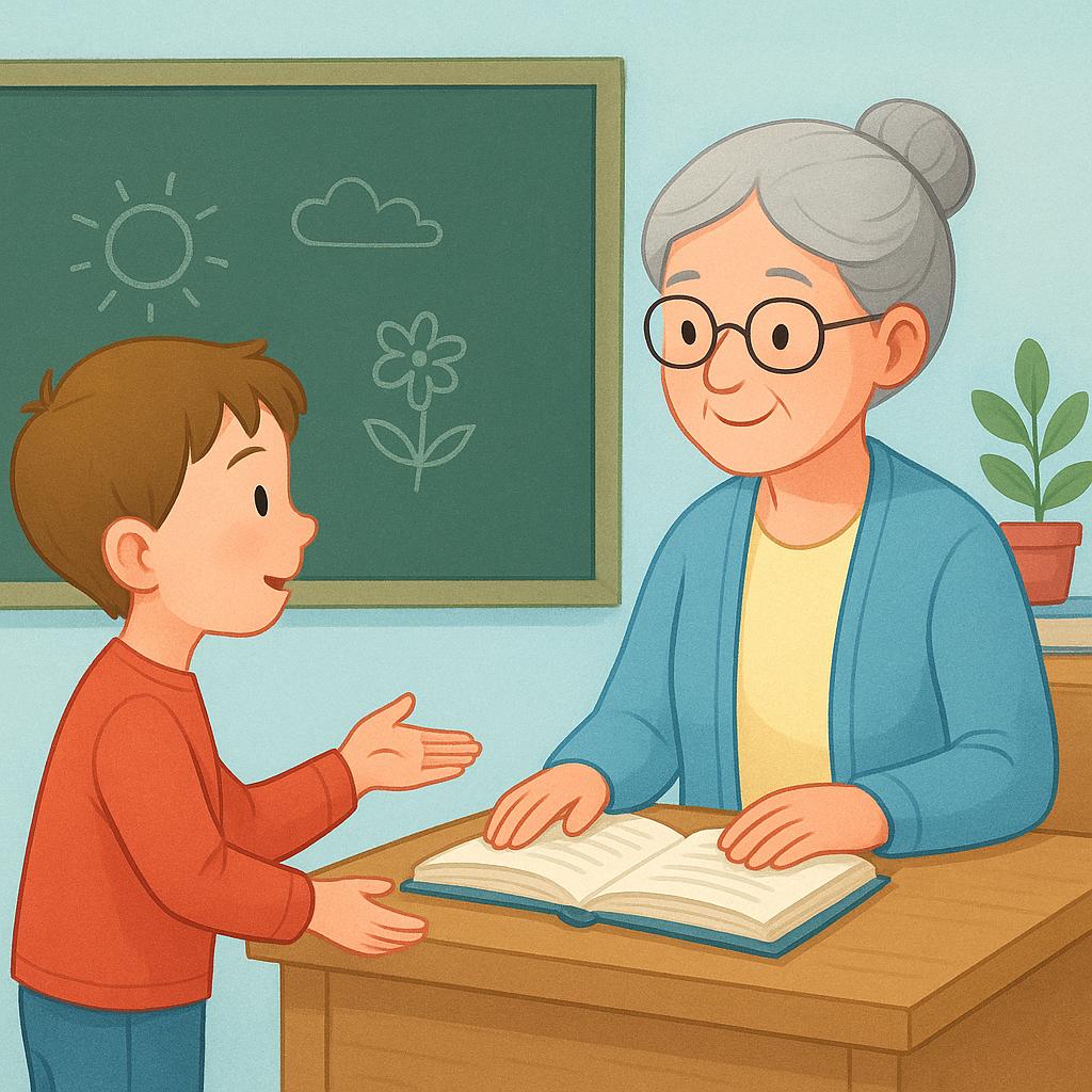 A respectful scene showing a young student standing before an elderly teacher who is seated at a desk, indicating the student is asking the teacher a question.