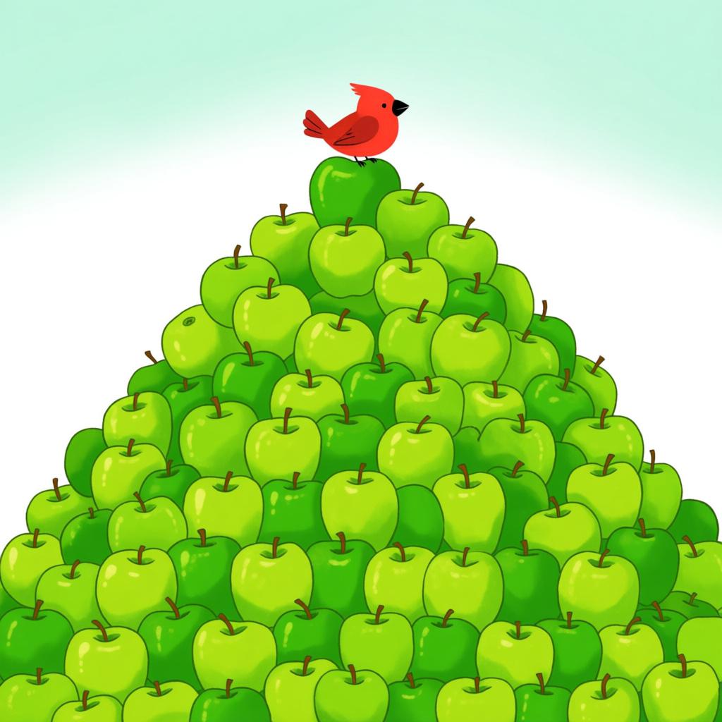 A small red bird perched on a huge, neat pile of one thousand identical green apples.