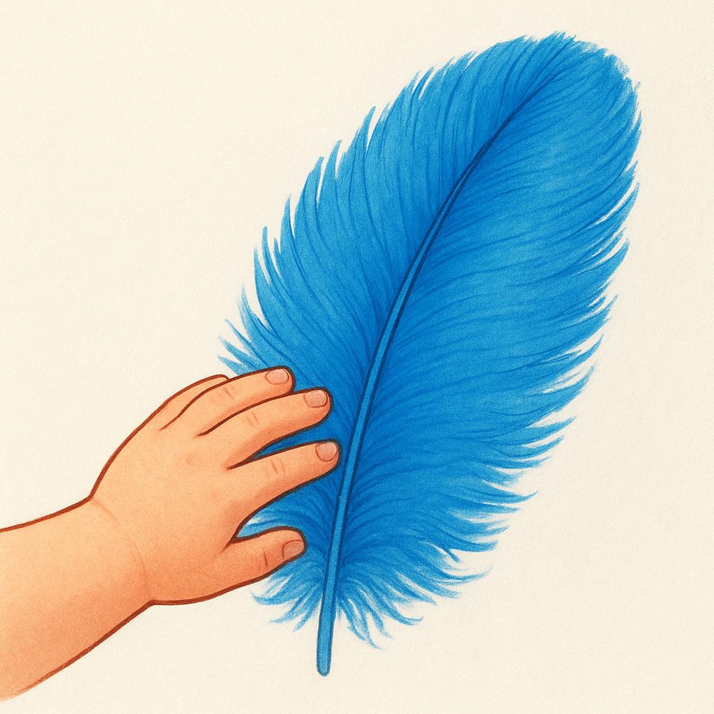 A small child's hand gently touching a large, soft, brightly colored blue feather, illustrating the sensation of touch.