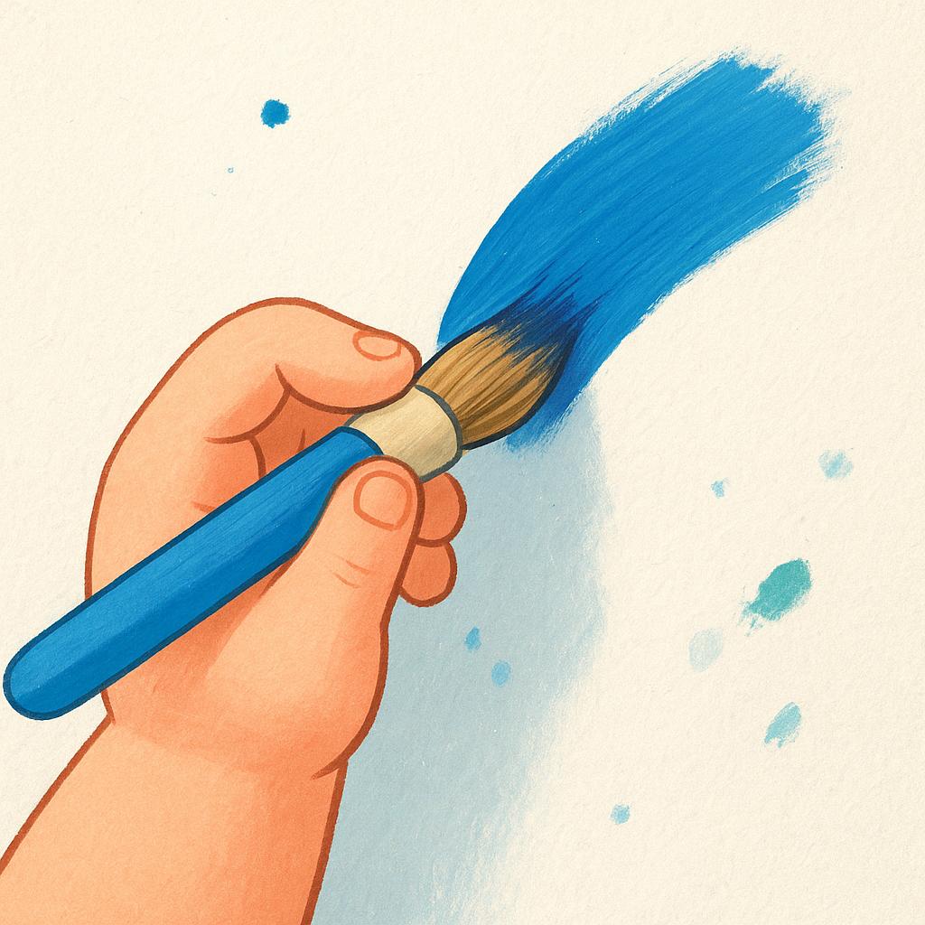 A young child is focused on painting, actively holding and pressing a blue paintbrush onto a small white canvas, demonstrating the action of using an object.