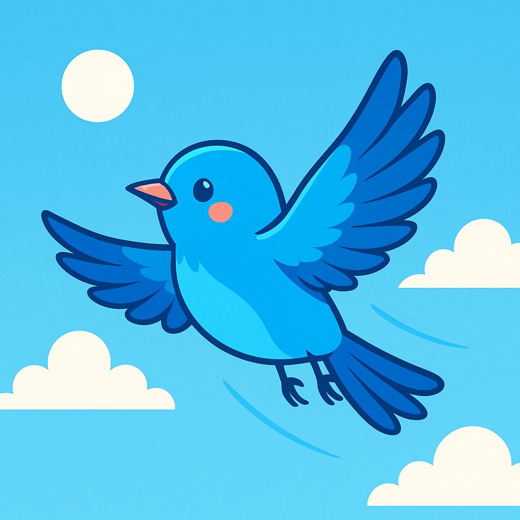 A bright blue stylized bird soaring high in a sunny blue sky with its wings fully extended.