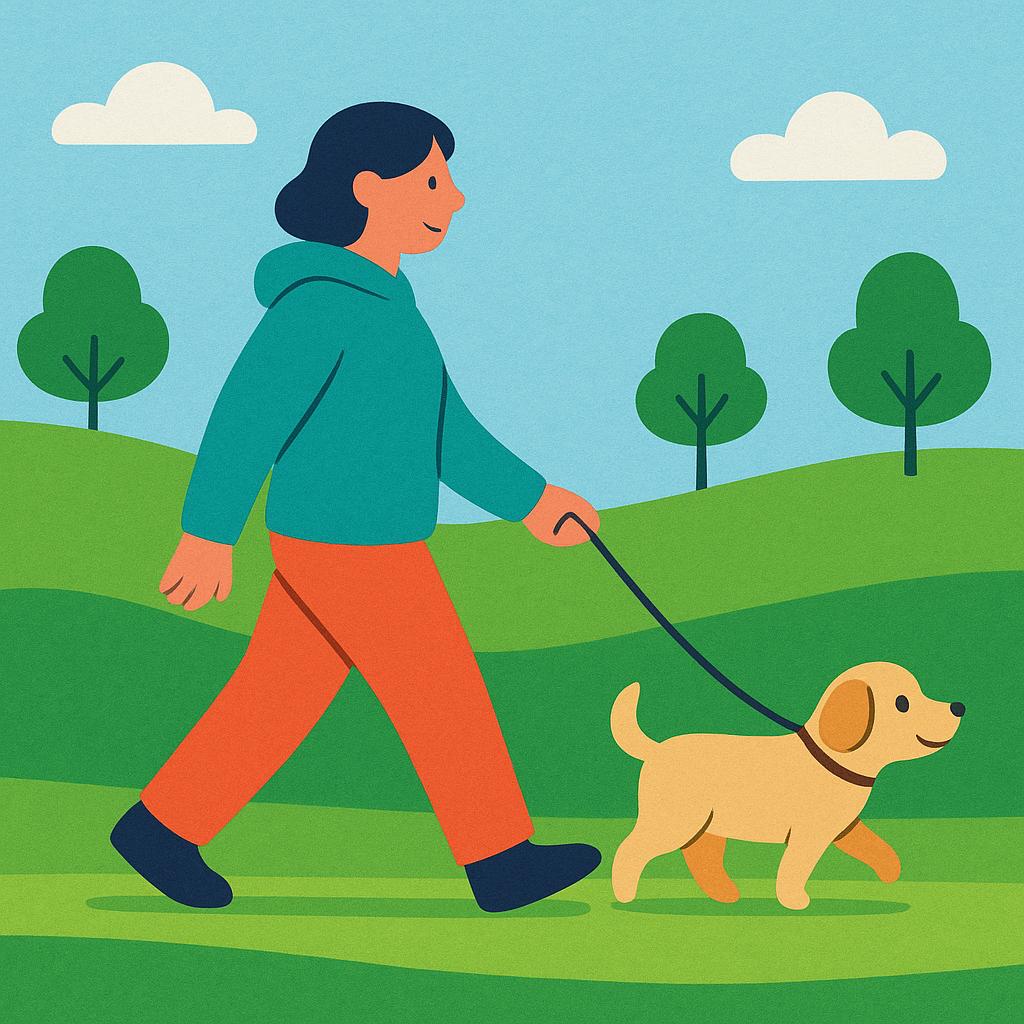 A simple, colorful illustration showing a friendly person and a small dog walking side-by-side on a grassy path, depicting the act of companionship.