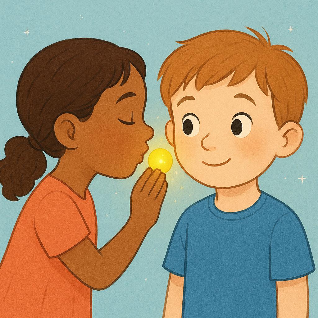 A brightly colored storybook illustration showing a young girl leaning in and whispering a visible, small, glowing yellow sphere of information directly into the ear of a young boy, who is listening intently.