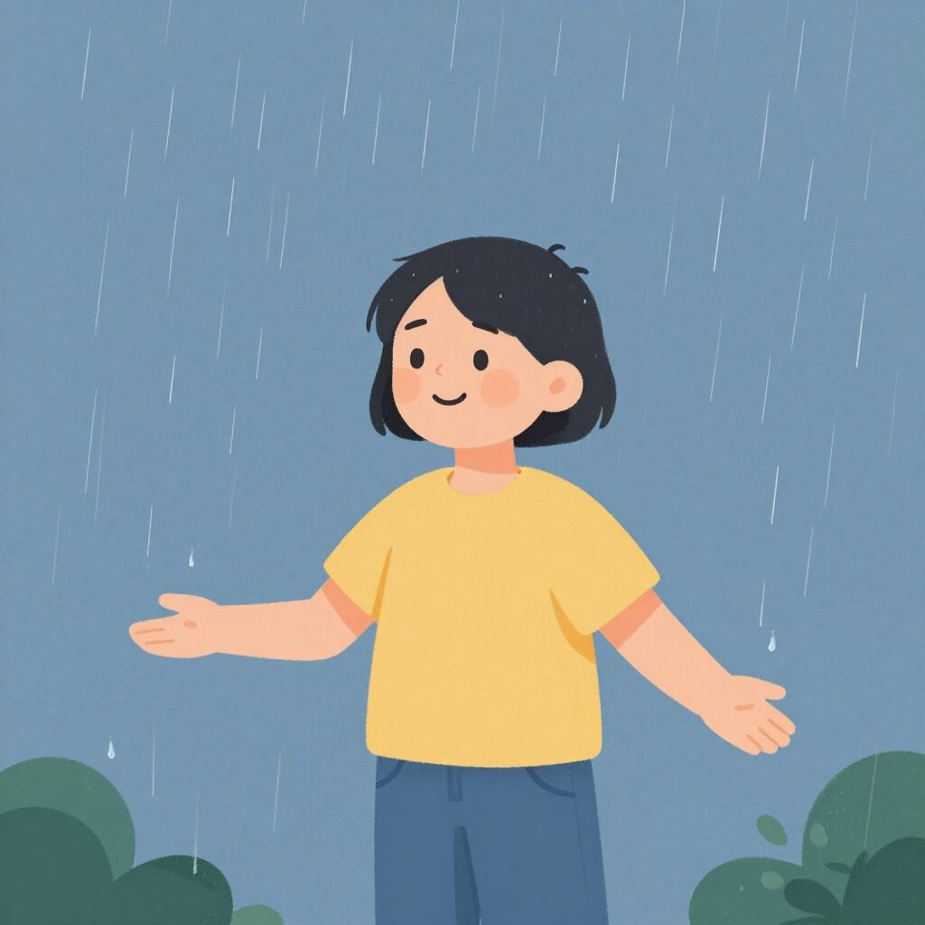 A person standing in the rain with a peaceful expression, holding their arms open to the sky.