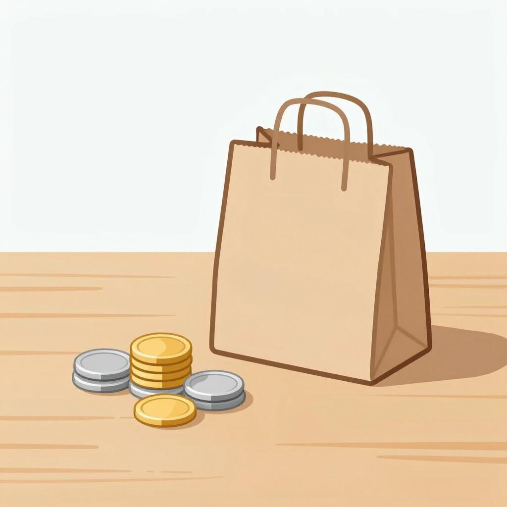 Eine einfache braune Papiertüte mit einem kleinen Stapel glänzender Münzen daneben auf einem Holztisch.