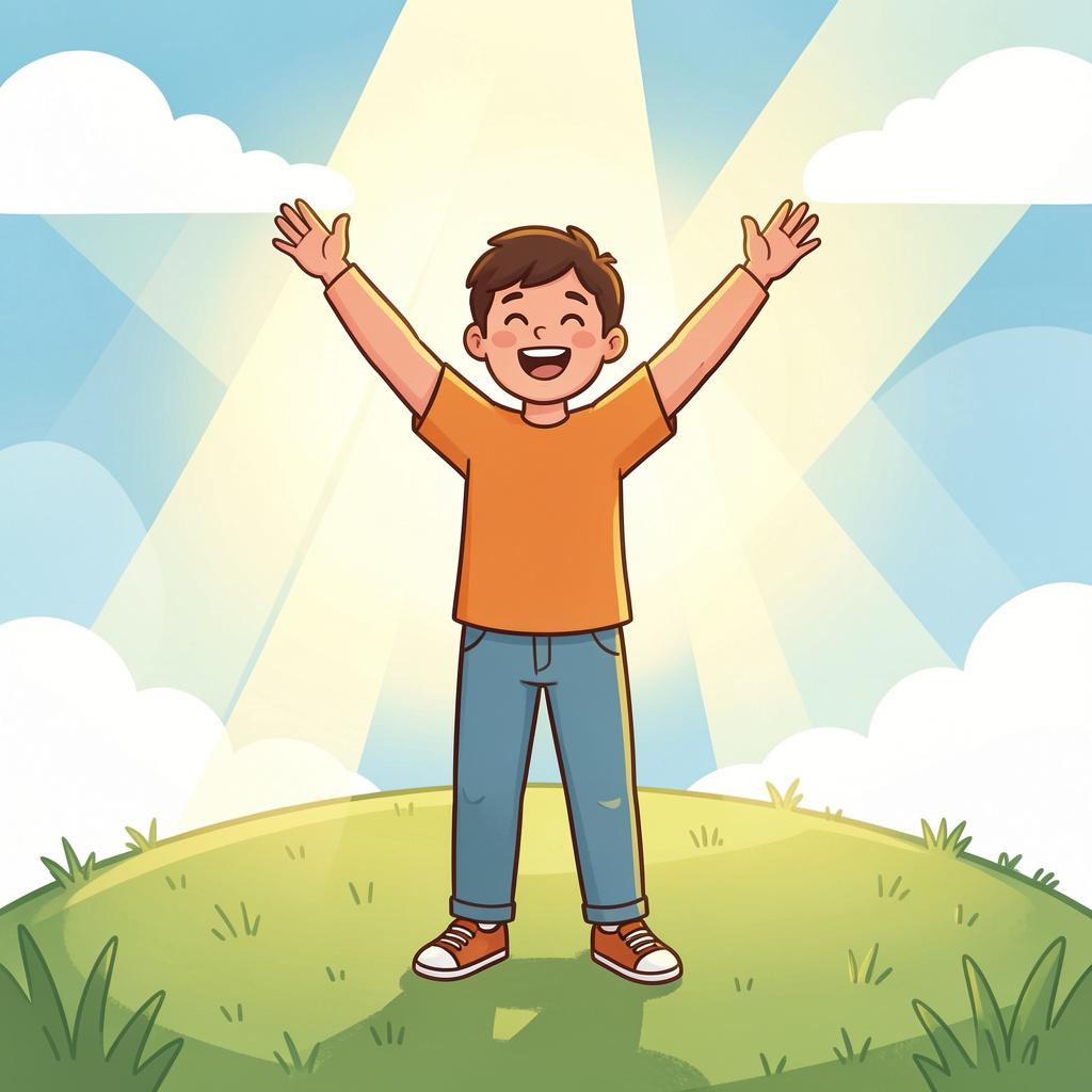 A person with arms raised high and a joyful expression, surrounded by bright sunbeams.