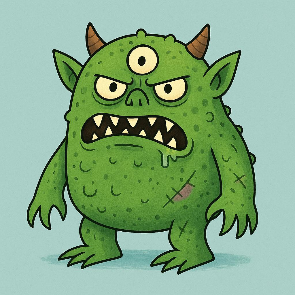 A simple drawing of a cartoonishly ugly, green monster with three large eyes and sharp teeth, looking distinctly unpleasant and scary.