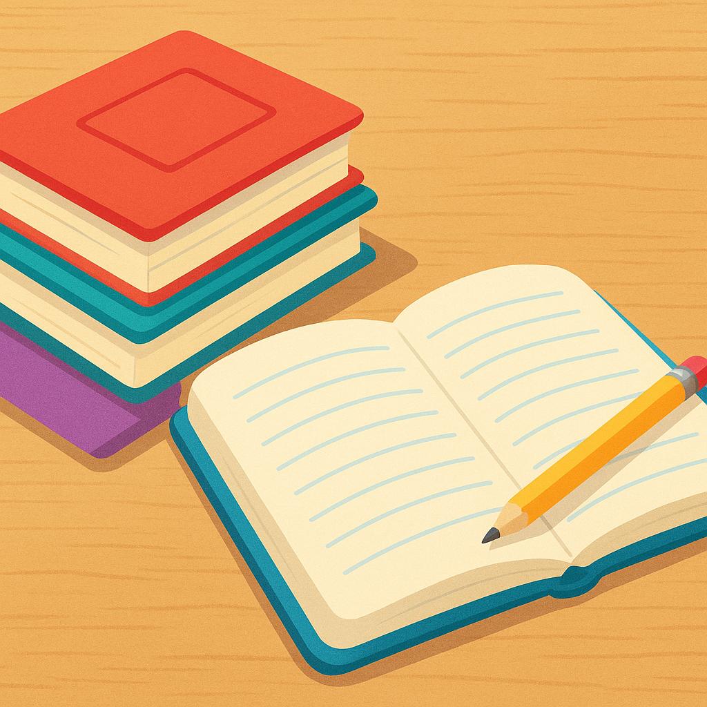 A simple illustration showing an open notebook, a pencil, and a stack of colorful textbooks on a wooden desk, symbolizing school homework.