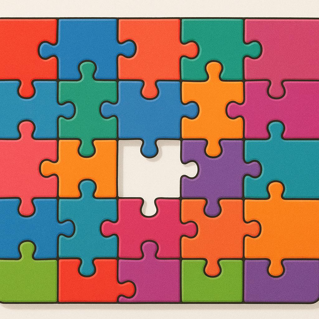 A brightly colored, partially assembled jigsaw puzzle resting on a wooden surface. The puzzle is complete except for one small, final piece, showing that the task is virtually finished.