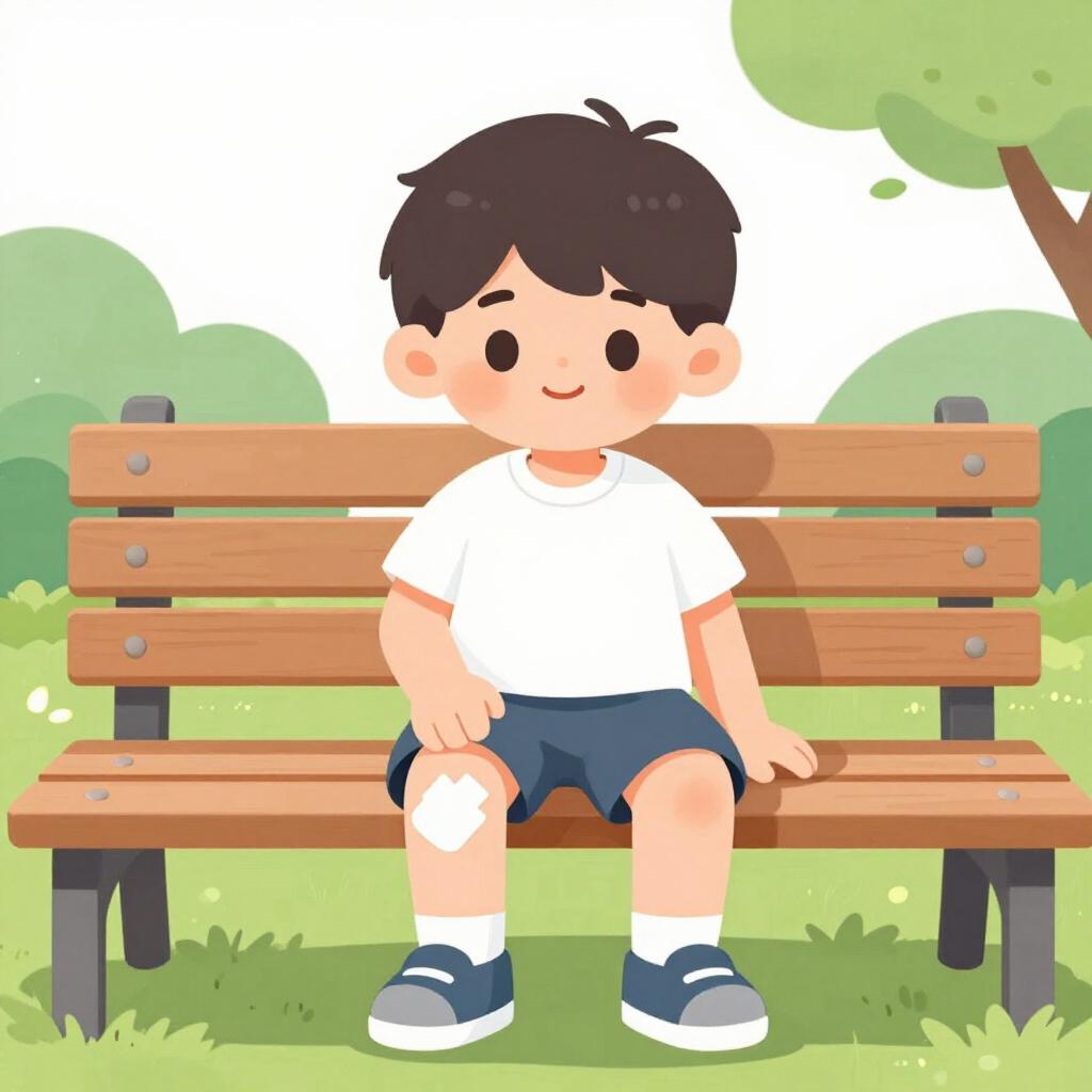 膝に小さな絆創膏を貼った子供がベンチに座っている。