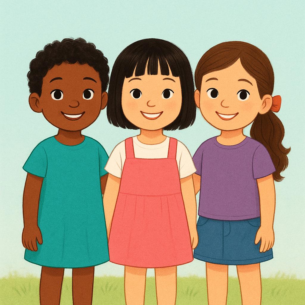 A high-quality storybook illustration of three smiling young girls standing close together and looking directly at the viewer.