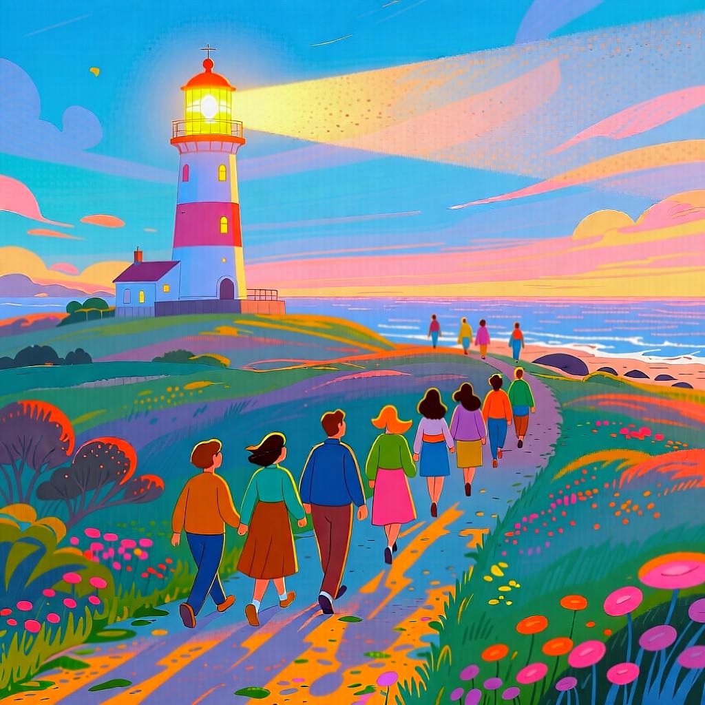 A small group of stylized people walking along a path directly heading toward a brightly lit lighthouse on a distant shore.