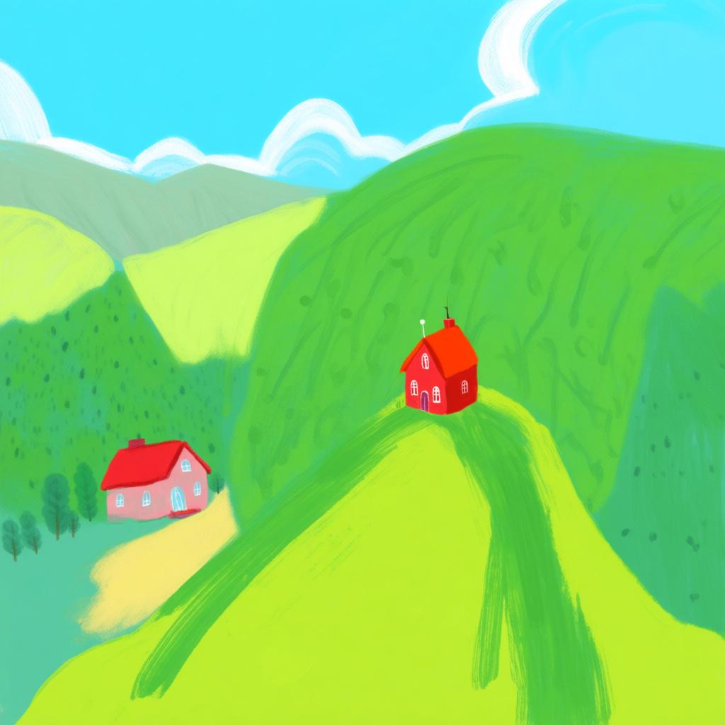 A child standing on the peak of a grassy hill, gazing downwards towards a small red house nestled far below in the valley.