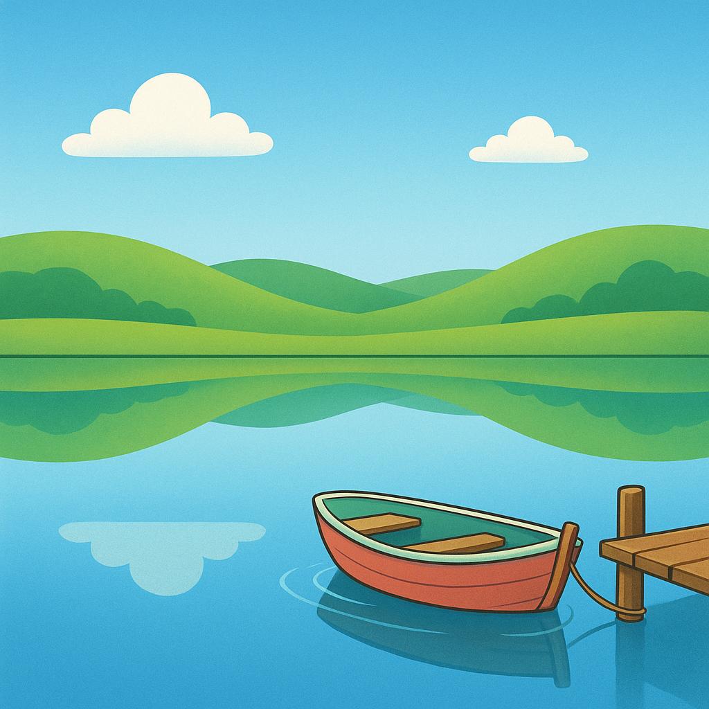 A serene scene featuring a perfectly still lake reflecting the sky, surrounded by gentle green hills under a bright blue sky, illustrating tranquility.