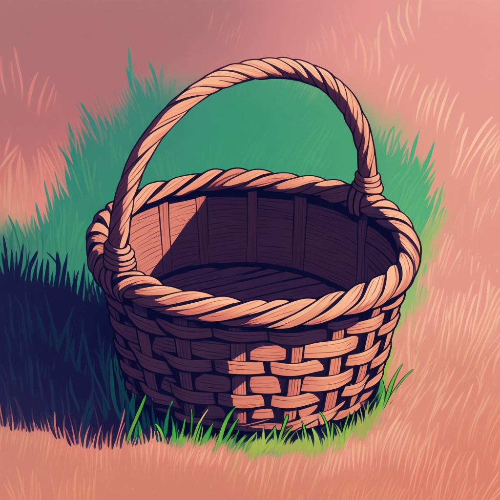 A rustic, woven wooden basket sitting on a patch of green grass, completely empty inside, symbolizing the concept of 'no' or 'not any'.