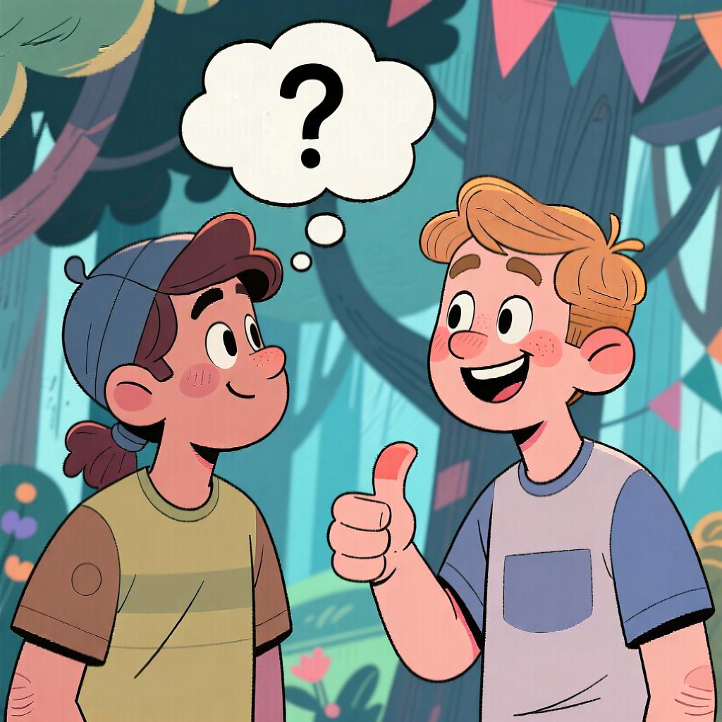 Two friends talking, one asks a question and the other gives an enthusiastic thumbs-up, representing '¡Claro!' as 'Of course!'.