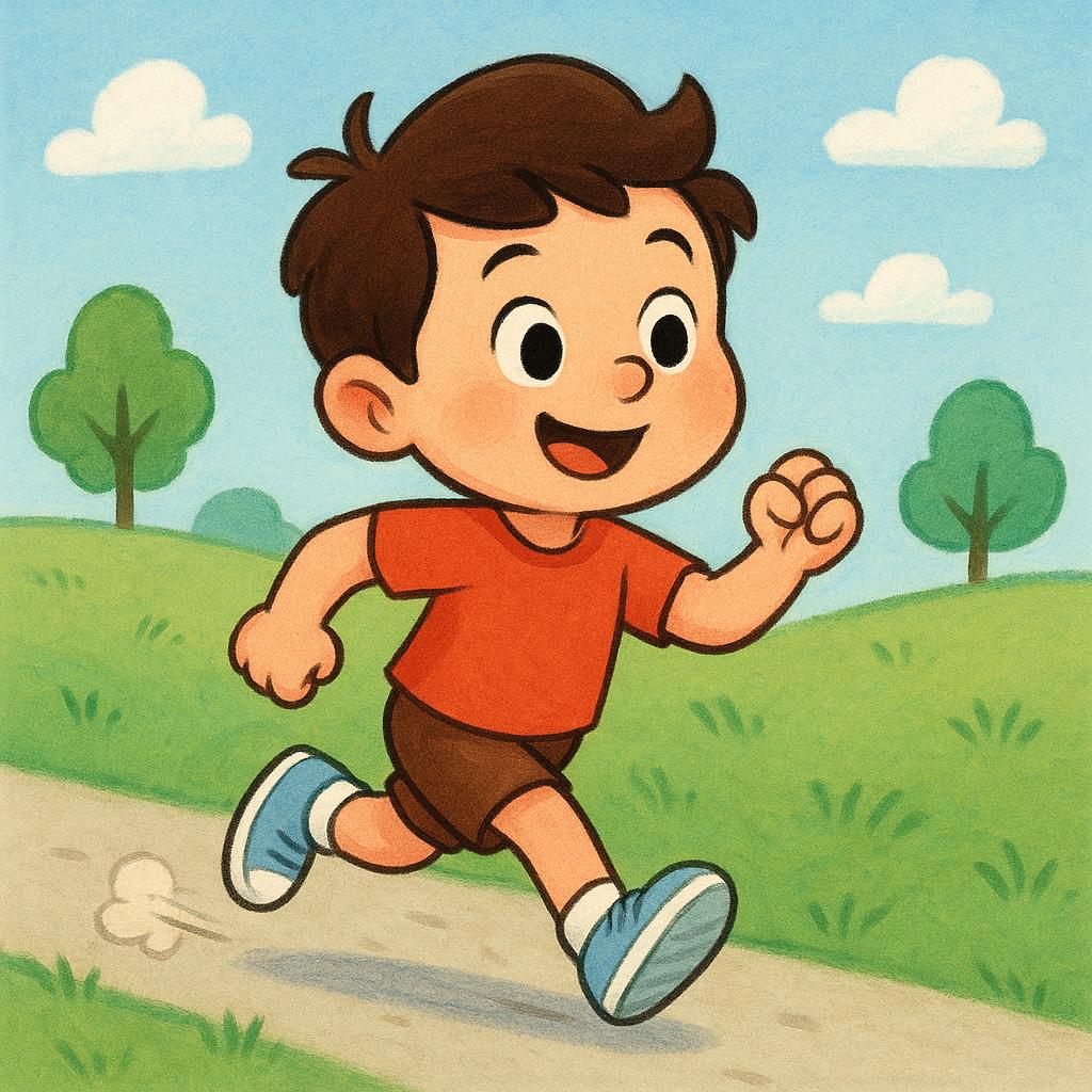 A colorful storybook illustration showing a small, friendly, round cartoon character taking a large, energetic first step forward on a simple, green path, clearly initiating movement.